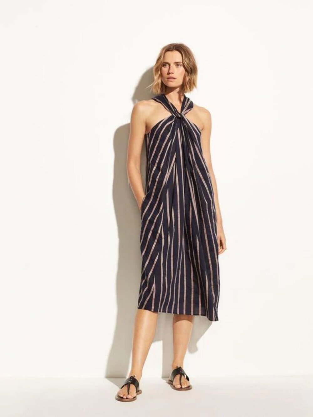 Vince Twist Front Striped Halter Midi Dress Navy Blue Red Size XS